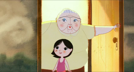 HD PC desktop wallpaper/background from the movie Song of the Sea: a young girl stands before her smiling grandmother in a sunlit doorway.