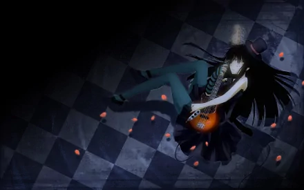 A HD desktop wallpaper featuring Mio Akiyama from the anime K-ON!, depicted in a striking pose with her guitar against a patterned background adorned with scattered petals.