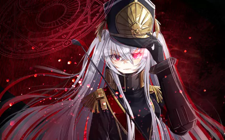 HD desktop wallpaper featuring Gunpuku no Himegimi from the anime Re:Creators, showcasing a character with long silver hair wearing a military-inspired outfit and cap against a dark, intricate background.