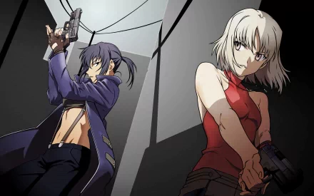 2K Quad HD PC desktop wallpaper of Canaan (character) from the anime: two cute anime-style figures back-to-back in a shadowy urban alley, one in a purple coat aiming a pistol, one in a red top.
