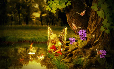 Artistic fantasy scene of a little fairy girl by a pond with fish, surrounded by flowers, butterflies, and a serene forest, captured in HD for PC wallpaper.