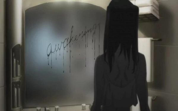 Dark-themed HD PC desktop wallpaper from the anime Ergo Proxy, featuring a shadowy figure standing in front of a fogged mirror with dripping text.
