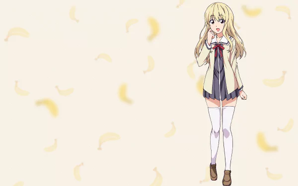 HD desktop wallpaper featuring Sayaka Sumino from Aho Girl in a dress and thigh highs, set against a whimsical background adorned with bananas.