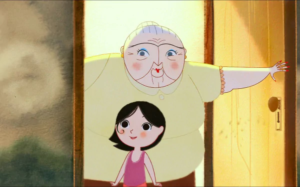 HD PC desktop wallpaper/background from the movie Song of the Sea: a young girl stands before her smiling grandmother in a sunlit doorway.