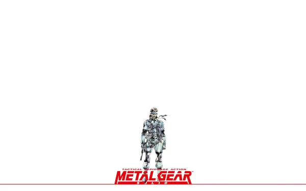 Minimal 5K Ultra HD PC desktop wallpaper: Metal Gear video game soldier in camo and bandana centered above red Metal Gear logo on white background.