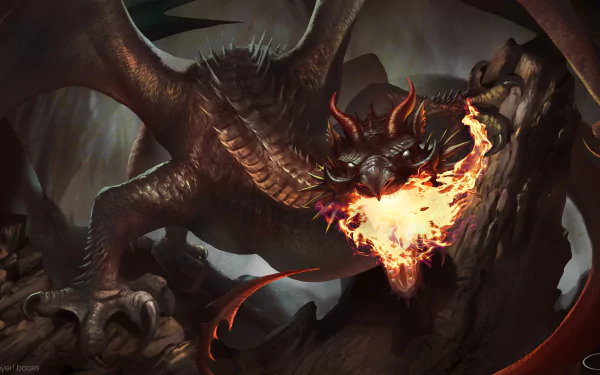 A high-definition fantasy wallpaper featuring a fearsome dragon breathing fire amid a rugged, dark landscape.