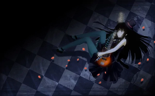 A HD desktop wallpaper featuring Mio Akiyama from the anime K-ON!, depicted in a striking pose with her guitar against a patterned background adorned with scattered petals.