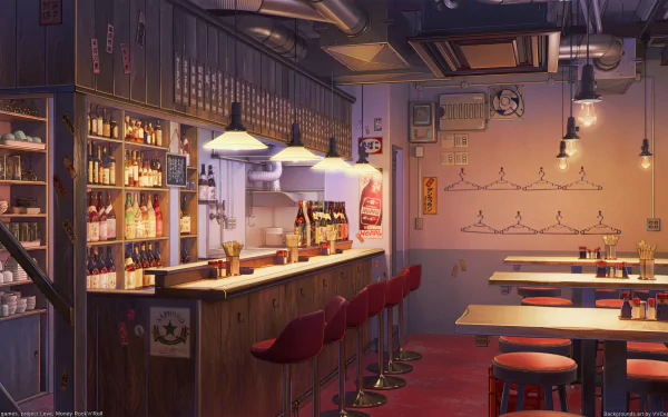 HD wallpaper of a cozy bar setting from the video game Love, Money, Rock'n'Roll, featuring a well-stocked bar, red stools, and ambient lighting.