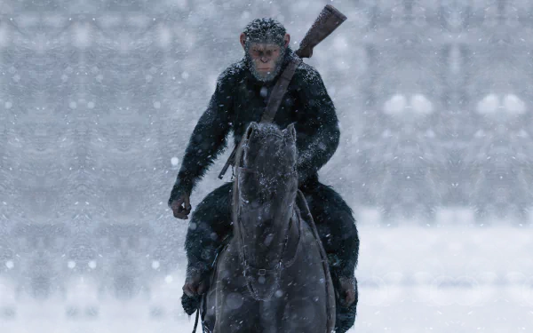HD wallpaper of War For The Planet Of The Apes featuring a snow-covered scene with an ape riding a horse, armed and determined.