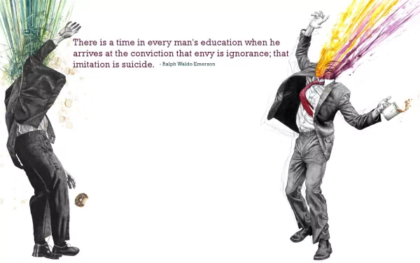 HD PC desktop wallpaper: two vintage-suited figures with colorful paint bursts from their heads, flanking an Emerson quote on envy and imitation — live your life Misc quote.