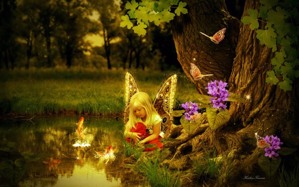 Artistic Fantasy Little Girl Fairy Forest Butterfly Flower Pond Fish Manipulation HD Wallpaper | Background Image