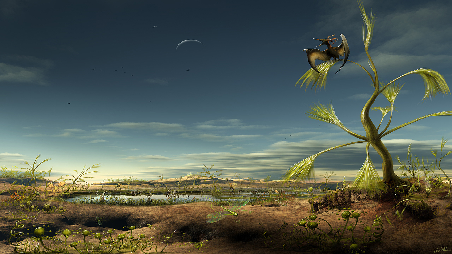 Colorful prehistoric scene with a pterodactyl flying over a pond surrounded by plants and insects.