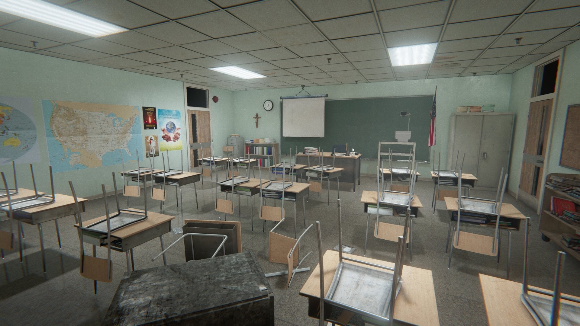 HD desktop wallpaper featuring a dimly lit, empty classroom from the video game Outlast 2, with desks and chairs stacked, a map on the wall, and a cross near the blackboard.