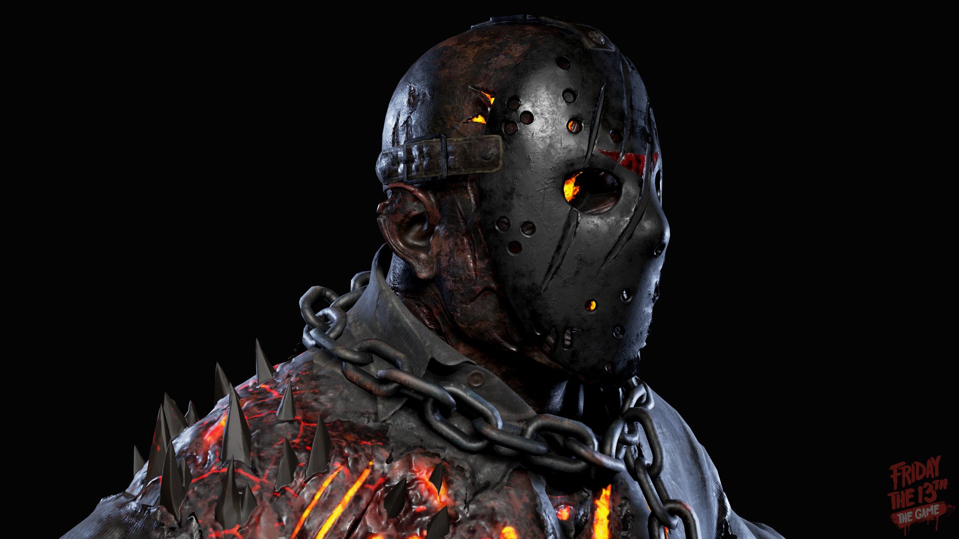 HD wallpaper of Jason Voorhees from Friday the 13th: The Game featuring his iconic hockey mask and glowing eyes.