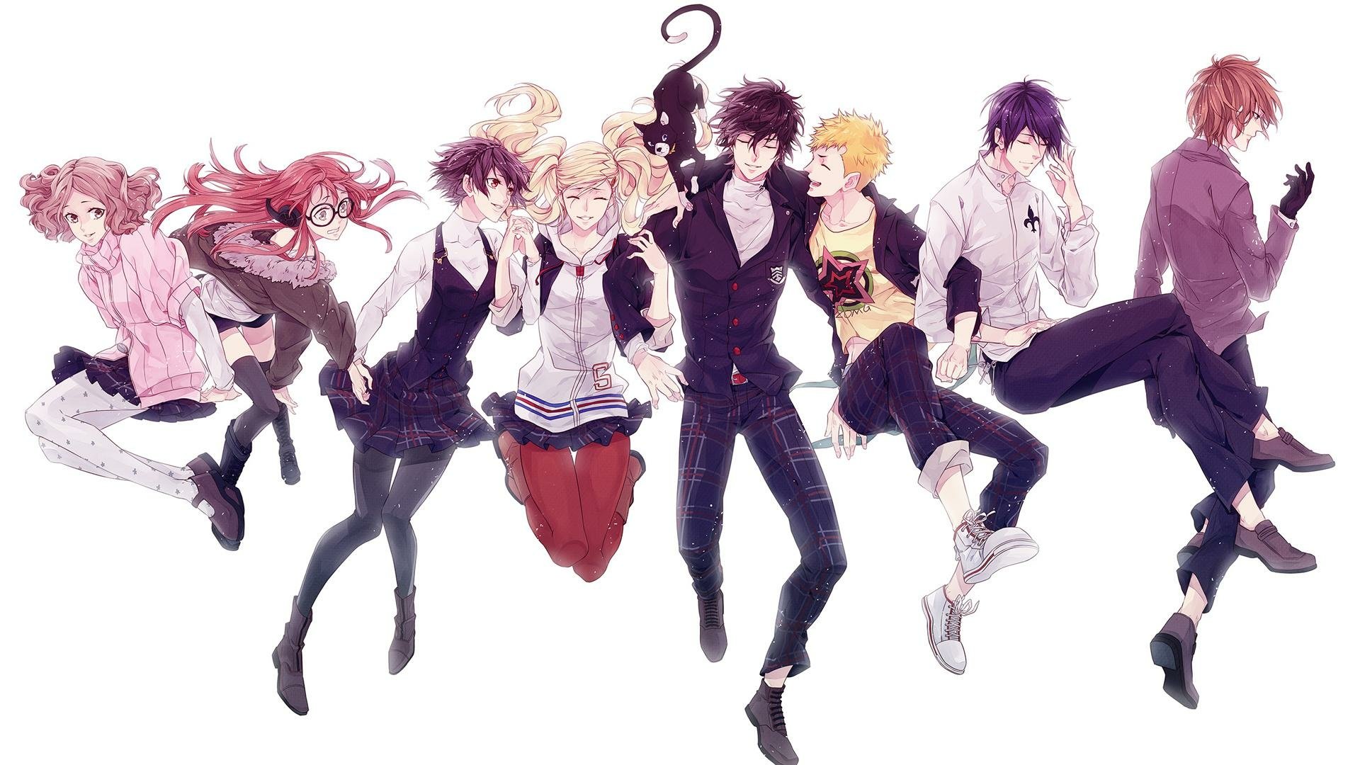 HD PC desktop wallpaper featuring vibrant, stylized characters from the video game Persona 5 in dynamic poses against a white background.