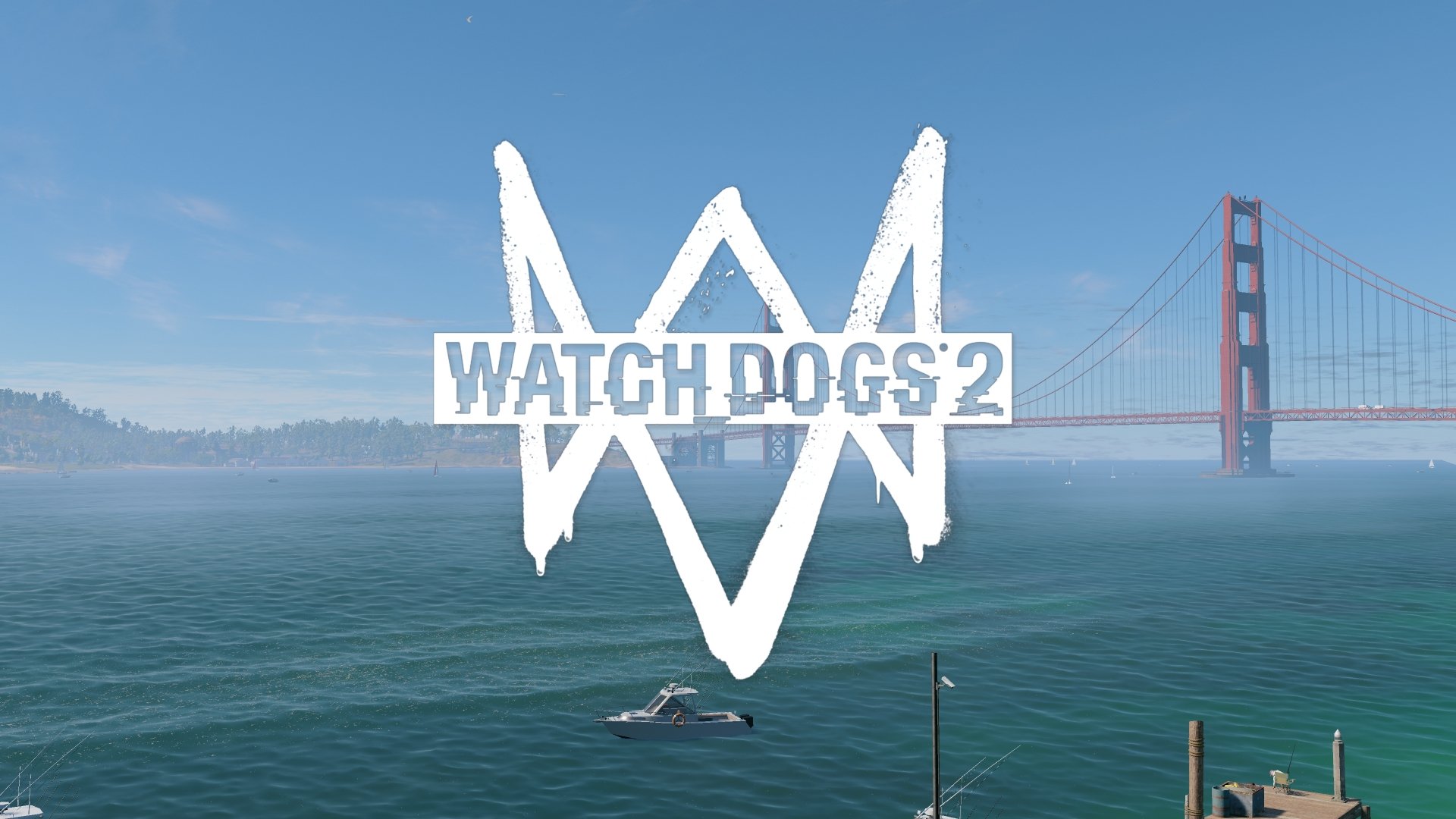 Watch Dogs 2 logo overlaying a scenic 4K Ultra HD view of the Golden Gate Bridge and bay, featured as a PC desktop wallpaper background.