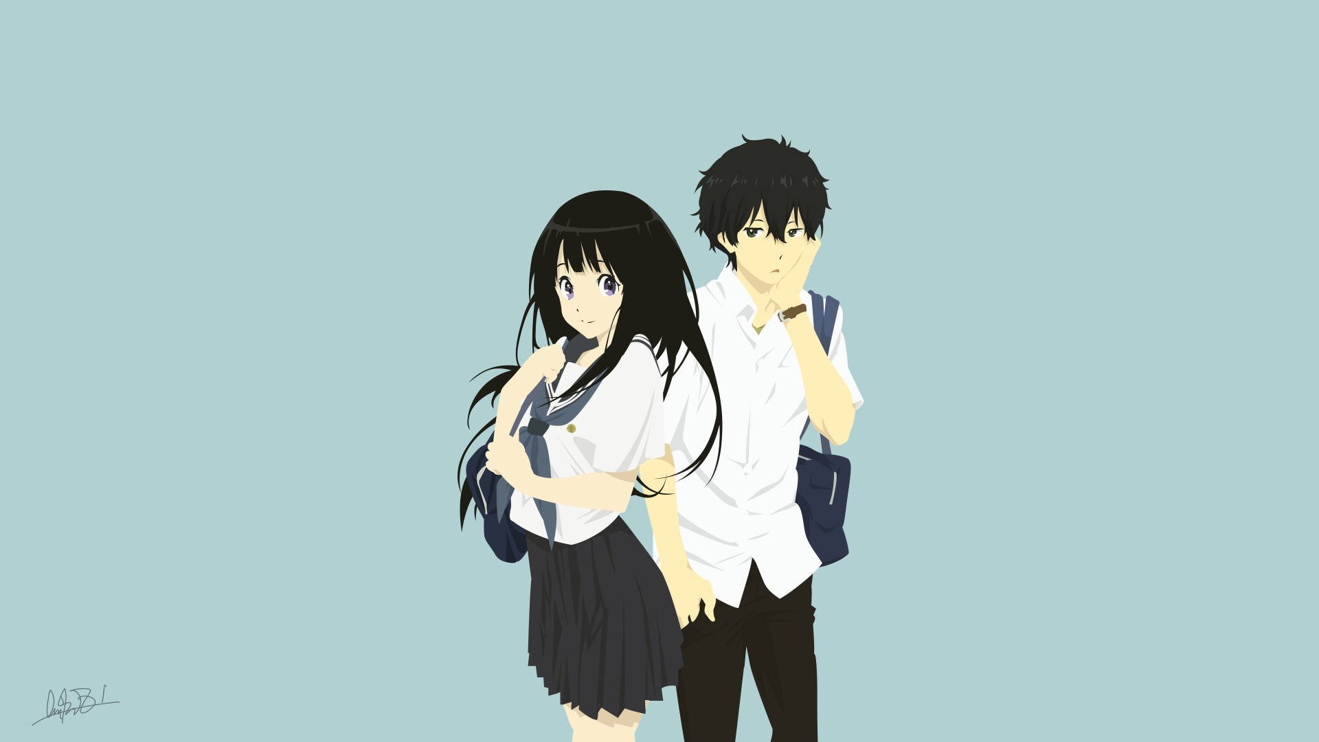 HD desktop wallpaper featuring Hōtarō Oreki and Eru Chitanda from the anime Hyouka, set against a light blue background.