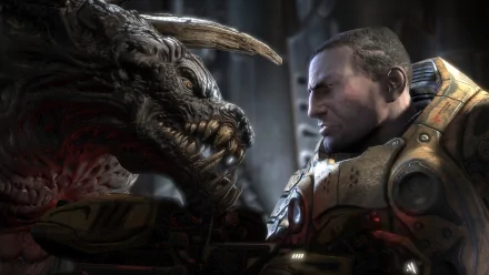 HD PC desktop wallpaper featuring a close-up intense face-off between a monstrous creature and a soldier from the video game Unreal Tournament.