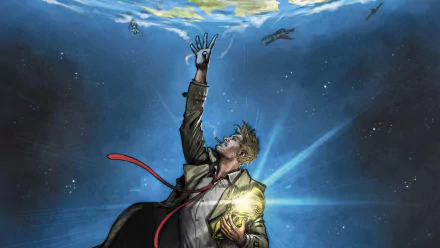 HD PC desktop wallpaper featuring comic character John Constantine from Hellblazer, depicted underwater reaching upward with a glowing object in hand.