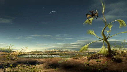 An artistic landscape features a prehistoric scene with a pterodactyl soaring above a pond, surrounded by plants and insects, creating a vibrant, imaginative backdrop.