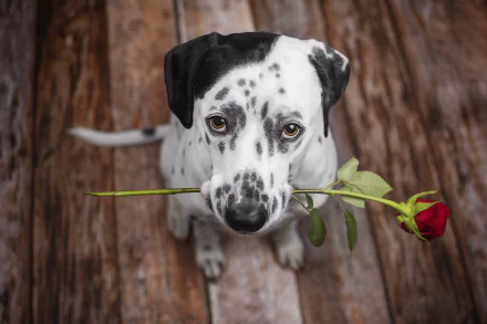 HD wallpaper of a Dalmatian dog staring up while holding a red rose in its muzzle, set against a rustic wooden floor background.