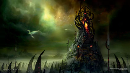 A fantasy HD wallpaper featuring a gothic tower with a winding staircase, set against a dramatic sky with birds. The landscape is dark and artistic, exuding a mystical and otherworldly aura.