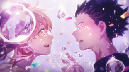 HD desktop wallpaper of anime characters Shouya Ishida and Shouko Nishimiya from A Silent Voice, featuring a dreamy, light-filled background with sparkles and bubbles.