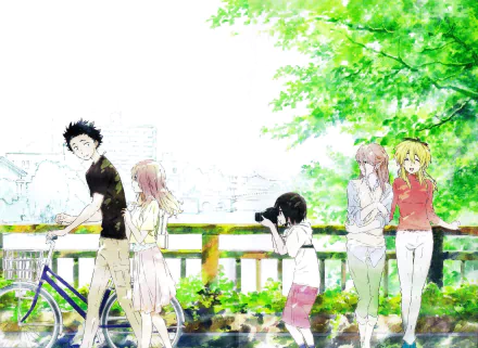 A vibrant HD wallpaper of the anime A Silent Voice, featuring characters Yae Nishimiya, Yuzuru Nishimiya, and Shouko Nishimiya, set in a lush, green outdoor background.