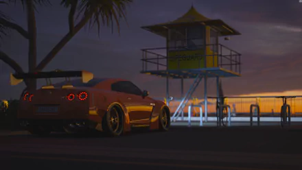 HD PC desktop wallpaper featuring an orange Nissan from the video game Forza Horizon 3 parked near a lifeguard tower at sunset.