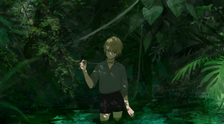 Anime-style HD PC desktop wallpaper depicting a young person standing in a lush, dark green forest with dense foliage surrounding them.