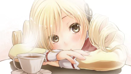 HD PC desktop wallpaper featuring Mami Tomoe from the anime Puella Magi Madoka Magica, showing her resting with a cup of tea in a soft, warm-toned scene.