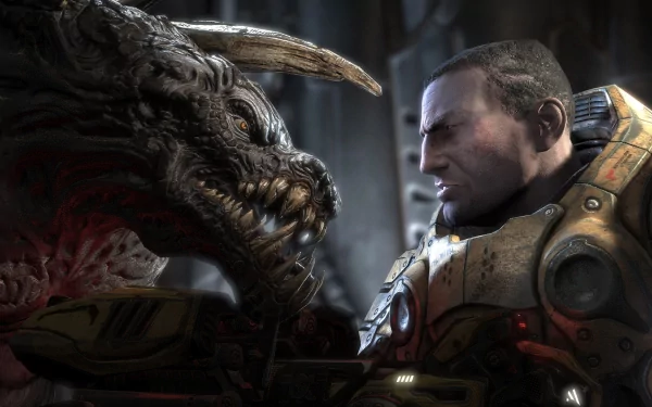 HD PC desktop wallpaper featuring a close-up intense face-off between a monstrous creature and a soldier from the video game Unreal Tournament.