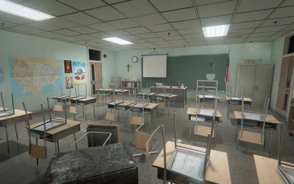 HD desktop wallpaper featuring a dimly lit, empty classroom from the video game Outlast 2, with desks and chairs stacked, a map on the wall, and a cross near the blackboard.