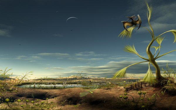 Artístico Paisaje Pterodactyl Dinosaurio Prehistoric Insecto Planta Pond Ave Agua Fondo de pantalla HD | Fondo de Escritorio