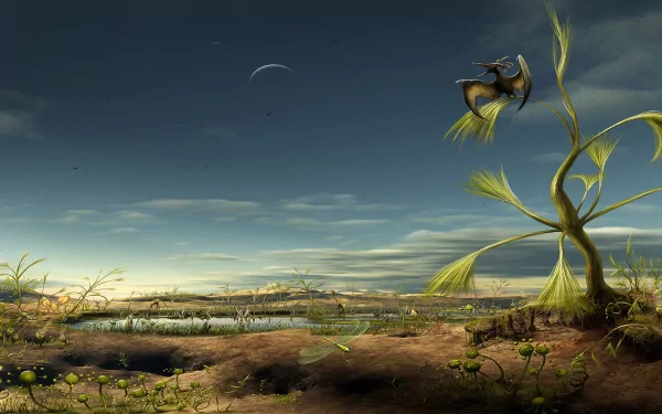 An artistic landscape features a prehistoric scene with a pterodactyl soaring above a pond, surrounded by plants and insects, creating a vibrant, imaginative backdrop.