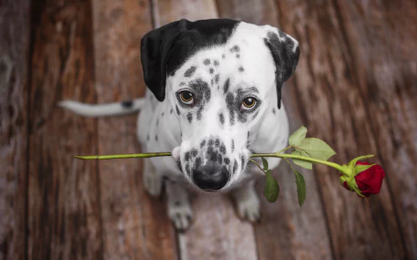 HD wallpaper of a Dalmatian dog staring up while holding a red rose in its muzzle, set against a rustic wooden floor background.