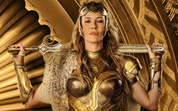 HD desktop wallpaper featuring Robin Wright as General Antiope from the movie Wonder Woman, showcasing her in golden armor with a sword against a detailed golden background.