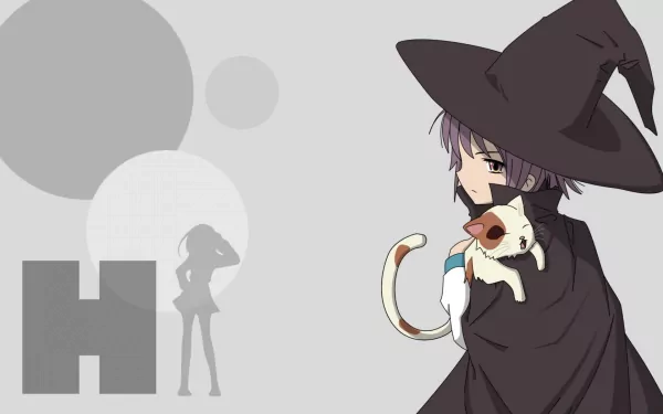 HD anime desktop wallpaper featuring Yuki Nagato from The Melancholy of Haruhi Suzumiya, dressed as a witch with a cat, showcasing a minimalist background and the letter H.