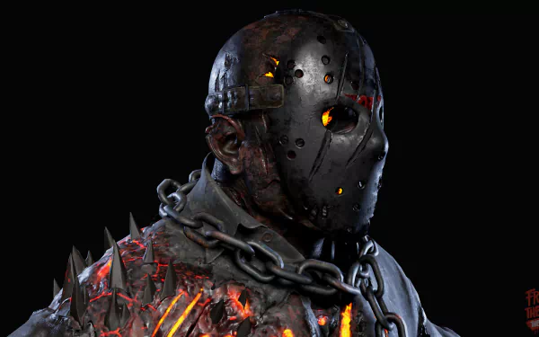HD wallpaper of Jason Voorhees from Friday the 13th: The Game featuring his iconic hockey mask and glowing eyes.