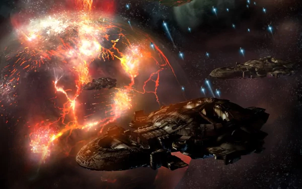 A dramatic sci-fi scene depicts a fierce battle in space, with warships clashing amidst explosive bursts of energy and vibrant planetary formations, creating an intense cosmic backdrop.