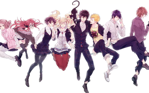 HD PC desktop wallpaper featuring vibrant, stylized characters from the video game Persona 5 in dynamic poses against a white background.