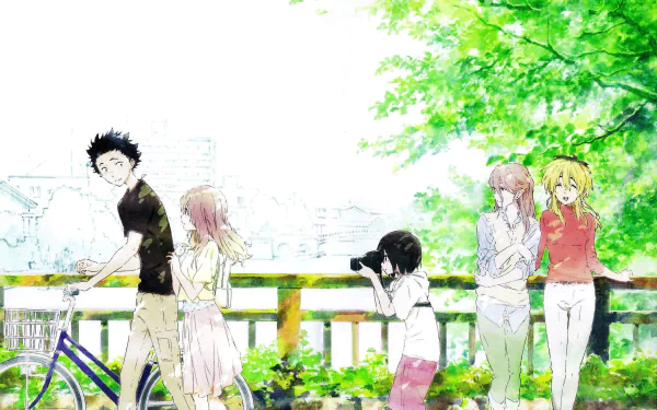A vibrant HD wallpaper of the anime A Silent Voice, featuring characters Yae Nishimiya, Yuzuru Nishimiya, and Shouko Nishimiya, set in a lush, green outdoor background.