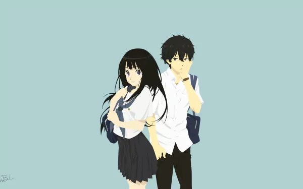 HD desktop wallpaper featuring Hōtarō Oreki and Eru Chitanda from the anime Hyouka, set against a light blue background.