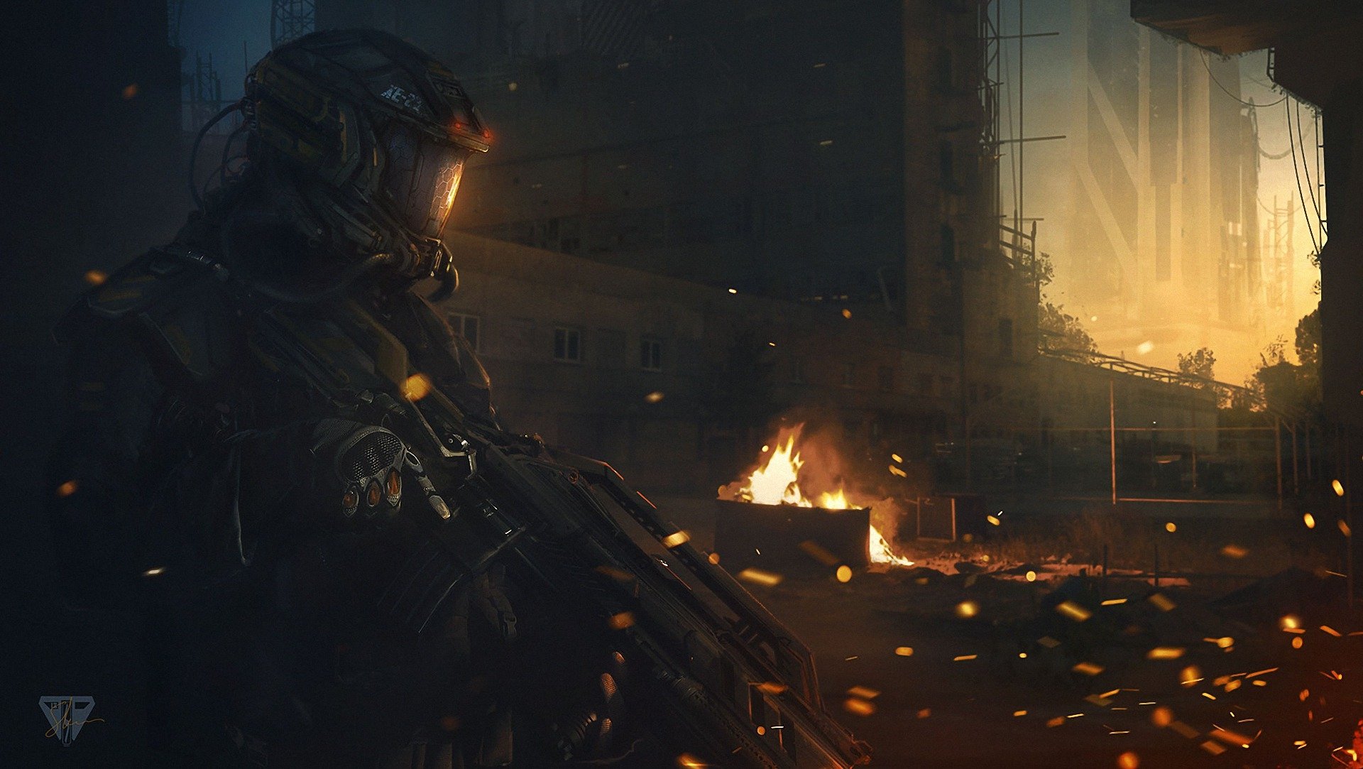 Futuristic warrior in advanced armor wields a weapon amidst a fiery, war-torn sci-fi cityscape, captured in HD for a dramatic PC desktop wallpaper.