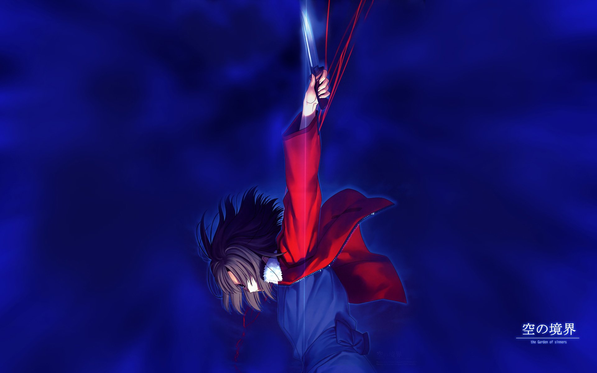 HD anime desktop wallpaper featuring a character from The Garden of Sinners, depicted in a dynamic pose against a deep blue background.