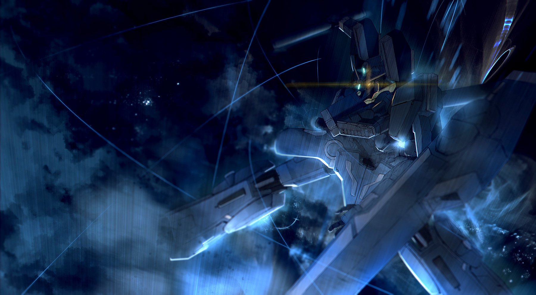 HD anime-style Gundam mech depicted in a dark, stormy sky, designed as a dramatic PC desktop wallpaper and background.