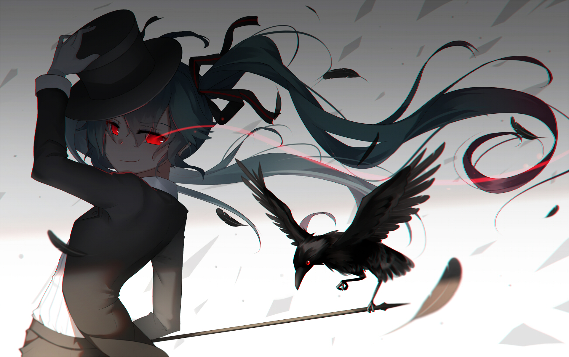 HD desktop wallpaper featuring Hatsune Miku from the Vocaloid series in anime style. She wears a top hat with long, flowing hair and stands next to a black raven. Dark, dramatic theme.