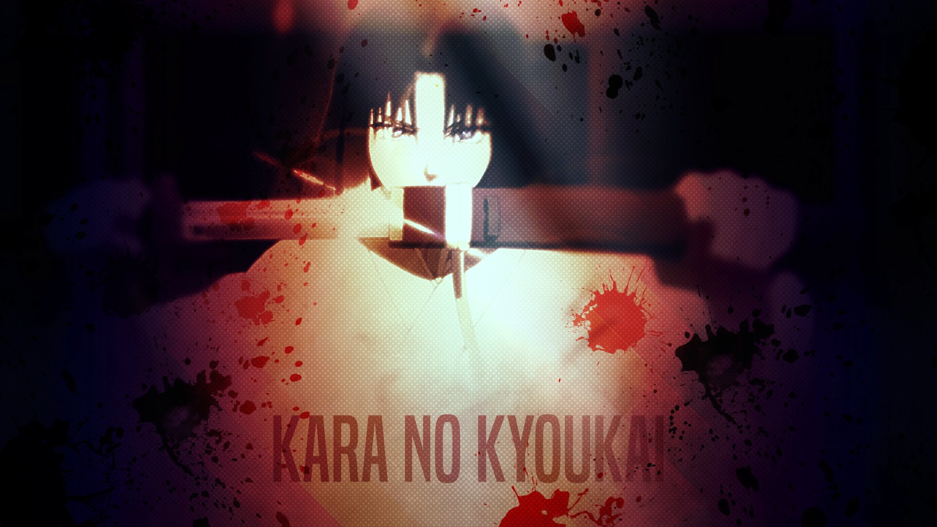 Anime 4K Ultra HD PC desktop wallpaper from The Garden of Sinners: a dark‑haired figure bathed in light against a blood‑splattered backdrop with Kara no Kyoukai text.