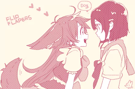 Kokona and Papika from Flip Flappers anime in pink halftone art, smiling face-to-face, HD PC desktop wallpaper/background.