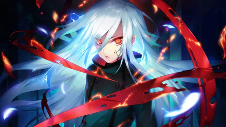 Velvet (Akeiro Kaikitan) anime HD PC desktop wallpaper/background: white‑haired, red‑eyed heroine in a dark outfit, glowing blue hair and fiery red ribbons swirling amid embers.